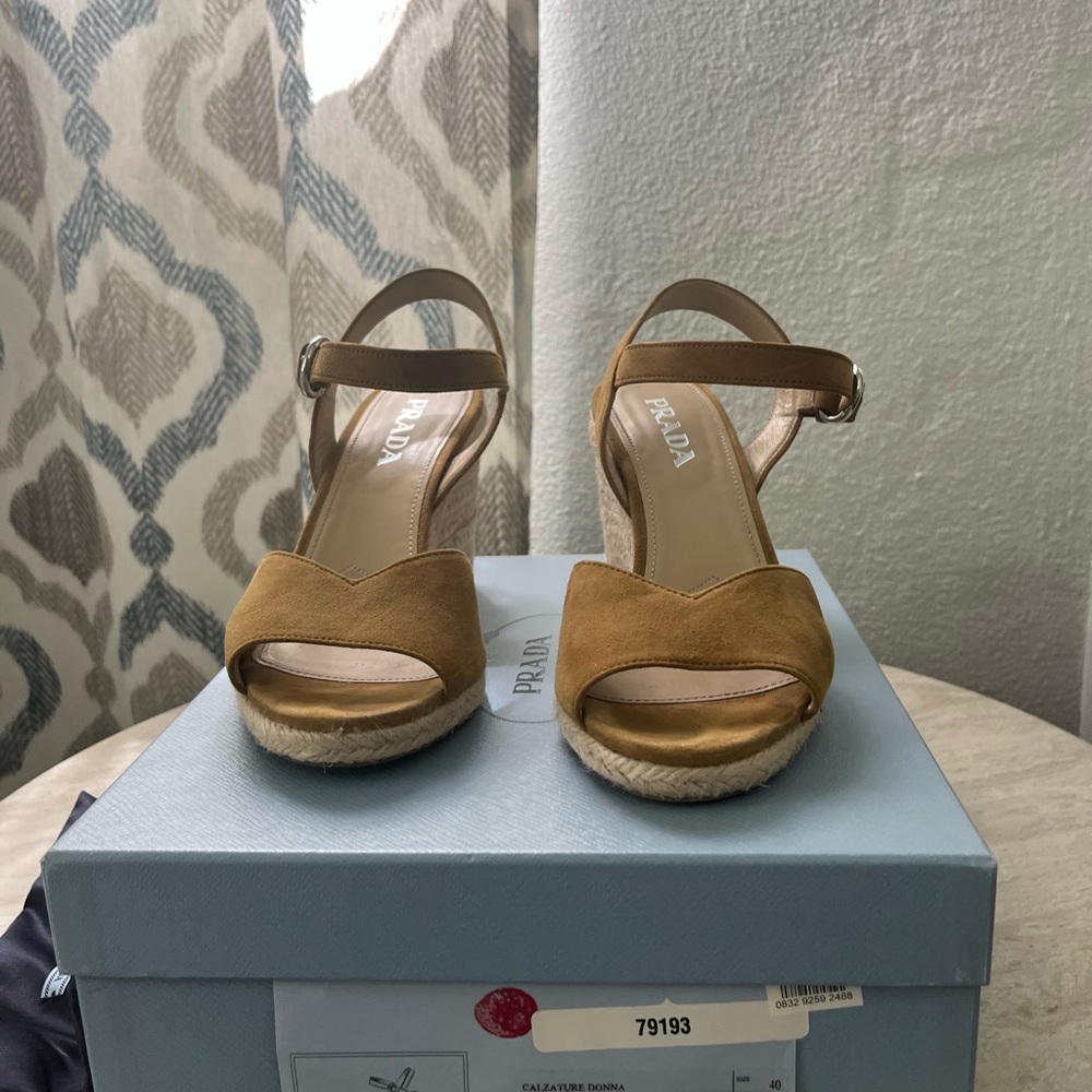 Prada Tan Suede Wedge Sandals - Picture 2 of 6
